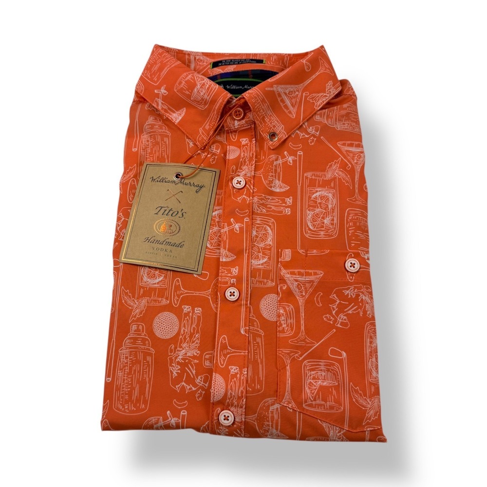 William Murray Titos Vodka Orange Golf Short Sleeve Button Up Shirt Men's Medium